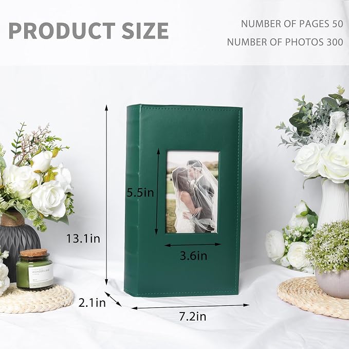 RECUTMS Photo Album 4x6 300 Photos Leather Memory Picture Book Dark Green | Black Inner Page, 300 Horizontal Pockets, Slip-in Picture Albums for Family Wedding Baby, DIY Cover Window, Graduation Gifts - Image 2