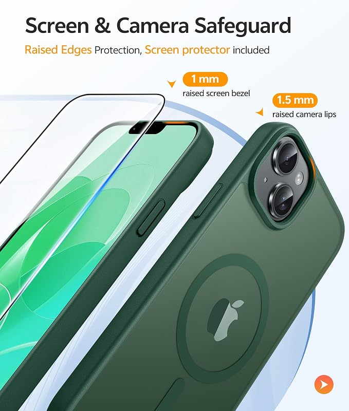 FNTCASE for iPhone 15/14 Plus Case, Fit for Magsafe, Screen Protector Green | Translucent Matte Magnetic Back, 14FT Military Grade Drop Protection, Shockproof Protective Phone Cover, Green - Image 4