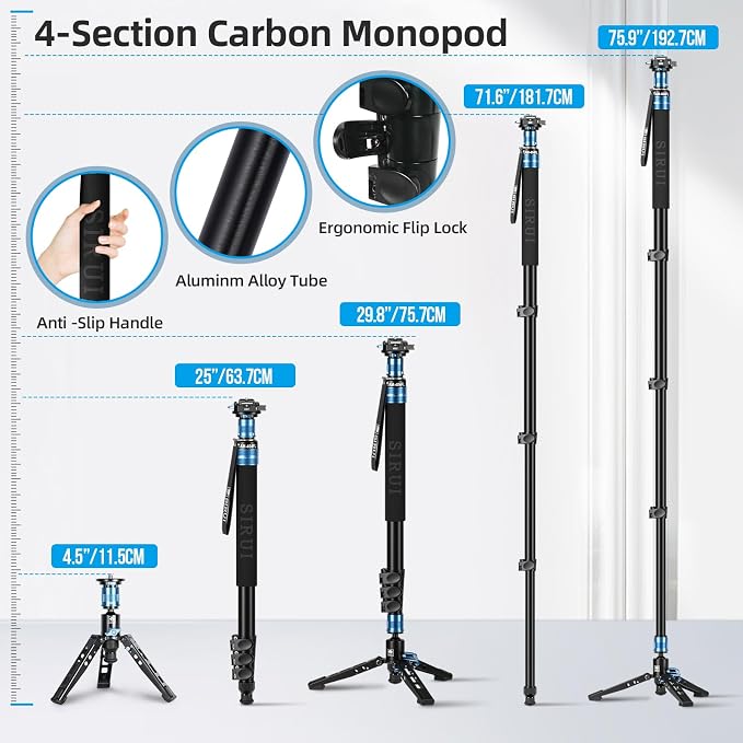 SIRUI AM-404FL+QC-55 Aluminum Camera Monopod with Feet, QR Plate | 75.8" Height, 33LB Load, Quick Release Plate, Sony, Canon, Nikon, DSLR, Mirrorless Camera, Lightweight - Image 8