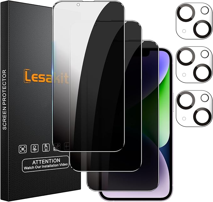 Lesakit 3+3 Pack Privacy Screen Protector for iPhone 14 Plus 6.7-Inch with 3 Pack Camera Lens Protector, Anti Spy Tempered Glass Film 9H Hardness Bubble Free Case Friendly by Lesakit