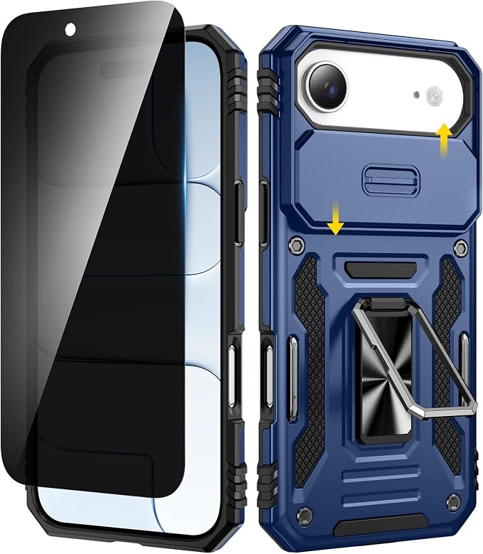 VEGO for iPhone Air Case with Stand and Slide Camera Cover Blue | Privacy Tempered Glass Screen Protector & Ring Kickstand Military Grade Heavy Duty Protection Cover for iPhone 17Air - Blue by VEGO