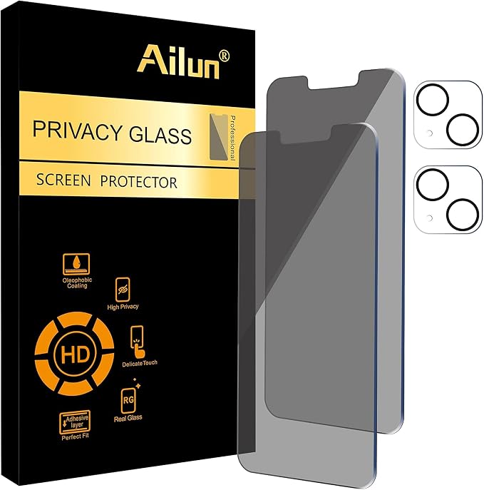 Ailun Privacy Screen Protector+Camera Lens Protector for iPhone 13 Mini | 2+2 Pack, 5.4 inch, Anti Spy Private Tempered Glass Film, HD by Ailun
