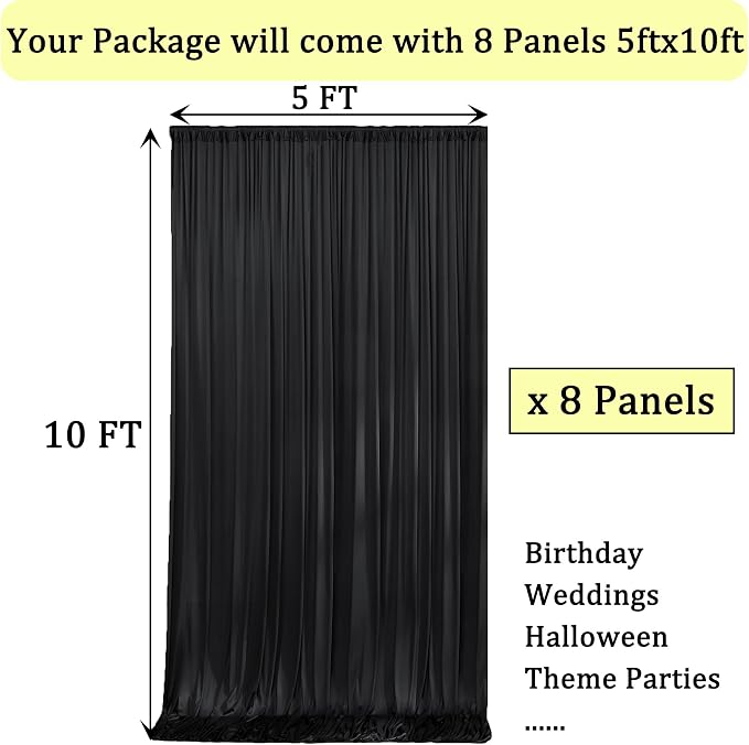 40ftx10ft Wrinkle Free Black Backdrop Curtain for Parties, 8 Panels Silky Polyester Black Photo Backdrop Drapes Back Drop Cloth Draping Fabric for Birthday Wedding Graduation Photography Background - Image 7