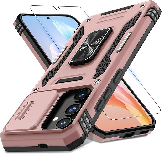 DEERLAMN Case for Samsung Galaxy S24 6.2-Inch with Slide Camera Cover+Screen Protector(1 Pack), Rotated Ring Kickstand Military Grade Shockproof Protective Cover-Rose Gold by DEERLAMN