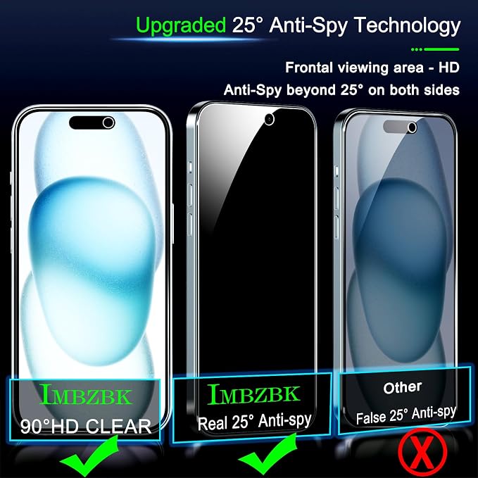 IMBZBK 3 Pack Privacy Screen Protector for iPhone 15,Tempered Glass | 9H+ Hardness, Military Grade Shatterproof, Case Friendly, Bubble Free Easy Installation Frame, with 3 Camera Lens Protectors - Image 4