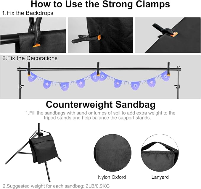 10x7ft Adjustable Photography Backdrop Stand Kit – Photo Studio Background Support with 4 Crossbars, 4 Clamps, 2 Sandbags (with 10 * 7 Feet Black Backdrop Curtain) - Image 4