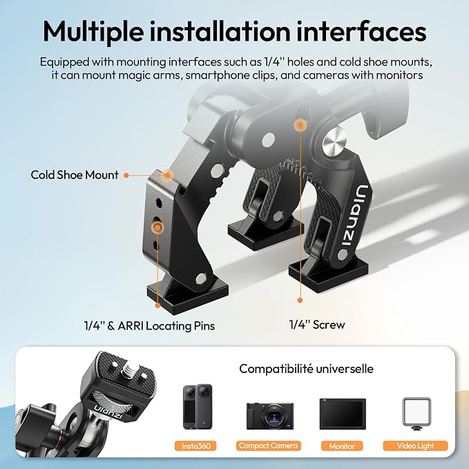 ULANZI CO78 Super Clamp Kit w Magic Arm f Action Cam – 1/4" & ARRI Locating | Pins + Cold Shoe Mount, 3-Jaw & Dual Ball Head Designed for Flexible, Low & High Angle Shot, Load Capacity Within 1kg - Image 5