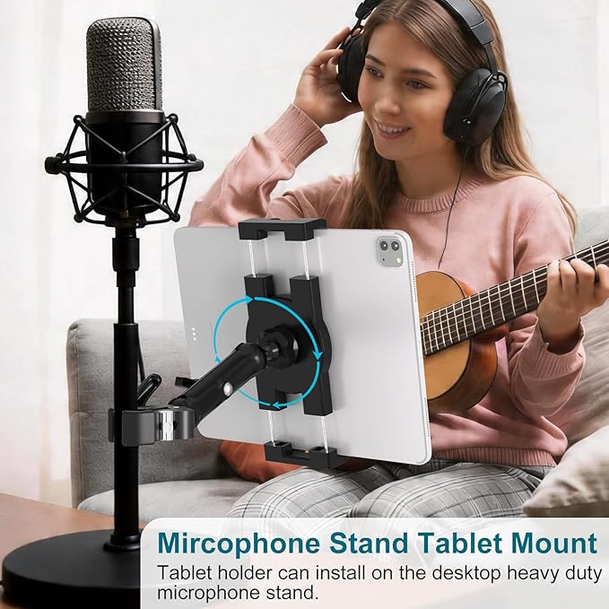 Mippko iPad Holder for Microphone Stand,Mic Music Stand Tablet Holder Mount,360°Adjustment Aluminium Alloy Arm Super Crab Clamp,Compatible with 4.7~12.9 inch iPad/Nexus/LG G Pads/Smartphones - Image 5