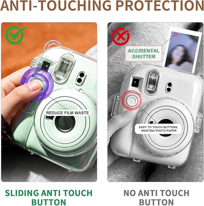 Clear Camera Case for Fujifilm Instax Mini 12, Green Camera Strap | Protective Cover with Anti-Accidental Shutter, 4 Composition Cards, Photo Storage Holds 10 Films, Clear Hard Shell, No Camera - Image 2