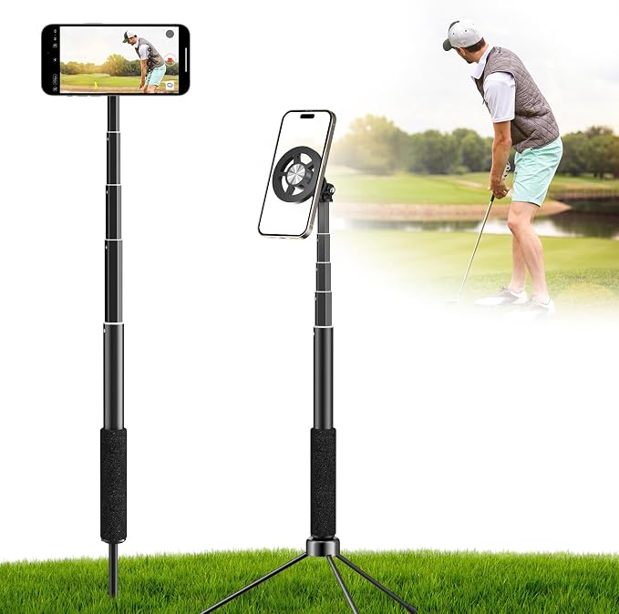 Golf Selfie Stick Tripod & Ground Spike to Record Swing, Phone Mount | Golf spike& tripod, strong magnetic mount, 11.4–47in adjustable pole, 1/4" thread, portable& compact, durable aluminum design by Voinap