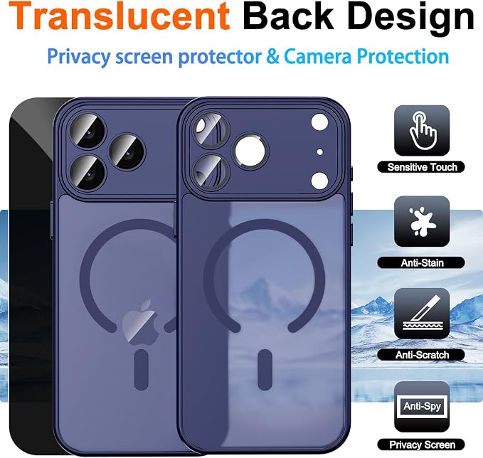 for iPhone 17 Pro Max Case with Privacy Screen Protector, Blue | Full Camera Protection, Compatible with MagSafe, Magnetic Translucent Matte Shockproof Phone Cover for iPhone 17 ProMax - Image 2