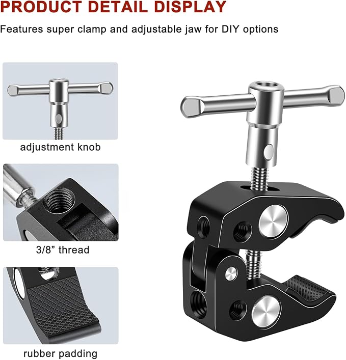 Super Clamp Mount with 5 x 1/4" & 3/8" Threaded Holes – Versatile Camera Clamp for Tripods, Umbrellas, Lights, Shelves, Glass, & More - 2 Pack - Image 2