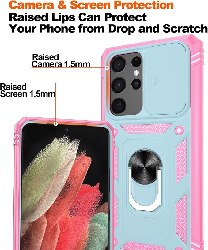 Gritup for Samsung Galaxy S21 Ultra Phone Case: Case S21 Ultra with 2*Screen Protector | Magnetic Stand & Slide Camera Cover | Shock Proof Military-Grade Funda para S21Ultra Cover, Green+Pink - Image 5