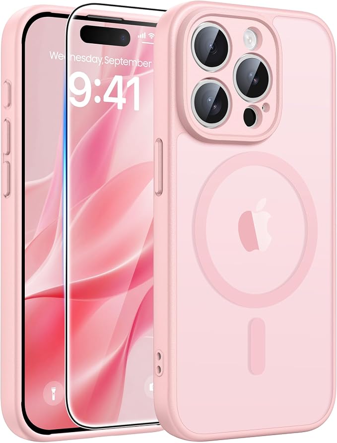 FNTCASE for iPhone 15 Pro Case, Fit for Magsafe, Screen Protector | Full Camera Protection, Translucent Matte, 14FT Military Grade Drop Proof, Shockproof Protective Phone Cover, Light Pink by FNTCASE