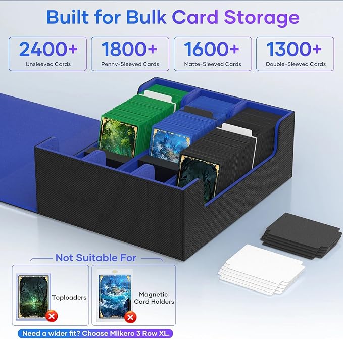 Mlikero Trading Card Storage Box, Bulk Card Storage for 1800+ Sleeved Cards, PU Leather Magnetic Closure Card Organizer with 10 Dividers & 3 Foam Stoppers, Fit for MTG, TCG and Sports Cards (Blue) - Image 3