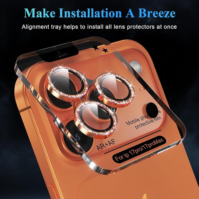 YWXTW Camera Lens Protector for iPhone 17 Pro/iPhone 17 Pro Max, [1 Step Installation Tray] Tempered Glass Screen Protector Metal Individual Camera Cover Accessories Case Friendly (Glitter Orange) - Image 5