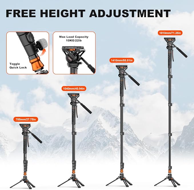 Professional Camera Monopod with Feet, 73.2 inch Aluminum Portable Travel Video Monopod with Removable Tripod Stand Base, Max Load 22 Lbs, New Q6 Fluid Head for DJI RS4 Manfrotto, KX3232Q6 - Image 7