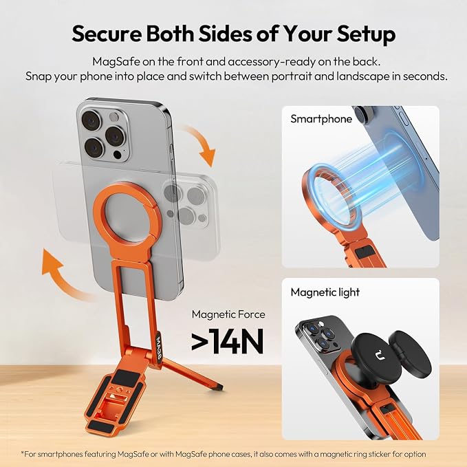 ULANZI MA38 Magnetic Phone Tripod for iPhone, Portable Phone Holder Orange | Portable Phone Tripod for Magsafe w Foldable Hook Double-Sided 1/4'' Screw for Travel Vlog Selfie iPhone 17/16/15/14/13 - Image 5
