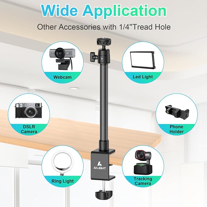 Ailight Adjustable Desk Camera Mount & Webcam Stand 10.8"-31.1" | 1/4" Screw, C-Clamp Base, Overhead Tripod, Compatible with DSLR Logitech Obsbot insta360 Anker and Others - Image 6