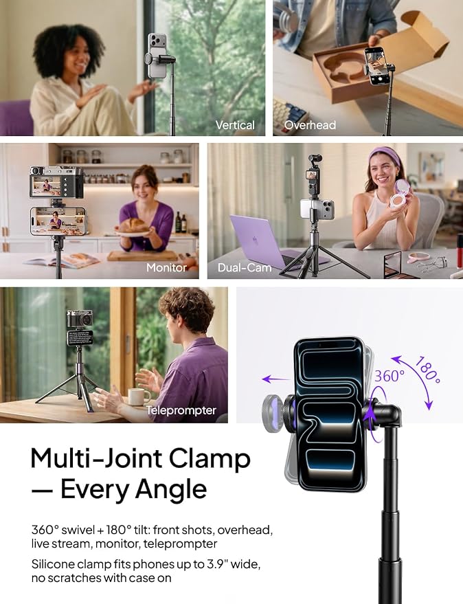 LISEN 67" Selfie Stick Tripod with Remote for Content Creators | Content creator essentials: 67" phone tripod with remote for iPhone & Android, 0.01s auto-open vlog/live stream/video kit - Image 6
