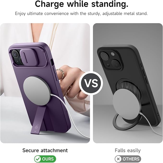 SURITCH for iPhone 14 Plus/15 Plus Case with Magnetic Camera Slide Cover and Adjustable Kickstand, Compatible with MagSafe, Shockproof Bumper Case Slim Protective Cover 6.7 Inch, Dark Purple - Image 5