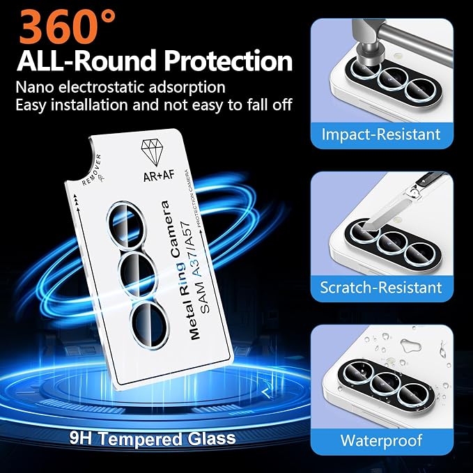 for Samsung Galaxy A37/A57 Camera Lens Protector, Individual Metal Ring Tempered Glass Lens Cover, [Strong Adsorption] Scratch Resistant Ultra-Thin HD Clear Lens Cover, 1 Set-Blue Ring - Image 2