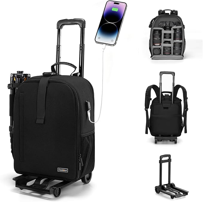 Cwatcun Camera Trolley Bag, Rolling DSLR Case with Removable Cart | Fits 2 DSLRbodies+3-5lenses+flash+15.6"laptop+tripod. 900D nylon, padded dividers, carry-on friendly, for city adventures. by FocusonCameraBag