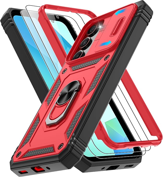 for Samsung Galaxy A06 Phone Case with 2PCS Screen Protector, Galaxy A06 Case Build in 360° Rotating Ring Kickstand, Military Grade Protective Case for Samsung A06 Phone, Red+Black by Gritup
