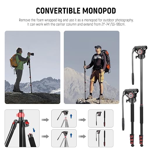 NEEWER 72" Fluid Head Video Tripod Monopod, Aluminum Alloy QR Plate Compatible with DJI RS Gimbal, 360° Pan & +90°/-70° Tilt for DSLR Camera Camcorder, Max Load 13.2lb/6kg, TP72A - Image 5