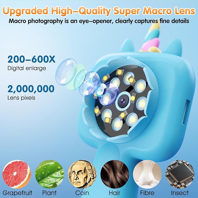 Kids Microscope, 2.4" Screen Handheld Digital Microscope 600X with 4K Camera & 8 LED Lights, Portable Pocket Microscope for Bugs Plants Nature Exploration, STEM Science Toy Gift Ages 3-12（Blue） - Image 3