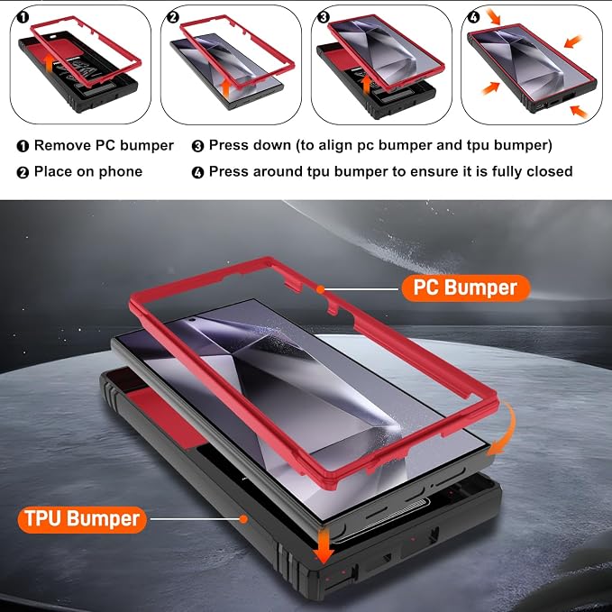 Gritup for Samsung Galaxy S24 Ultra Cases: S24 Ultra Case with 2*Screen Protector | Magnetic Stand & Slide Camera Cover | Shock Proof Military-Grade Funda para S 24 Ultra Cover -Red+Black - Image 4