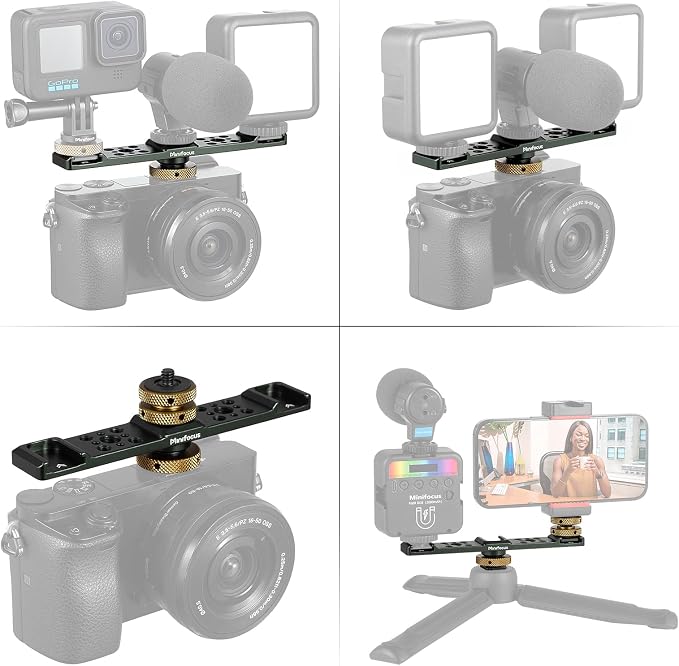 MINIFOCUS Triple Cold Shoe Extension Bar Mount, Aluminum Alloy Hot Shoe Mount Bracket with 1/4" Thread Holes for DSLR Camera Microphone Tripod LED Video Light Flashlight - Image 5