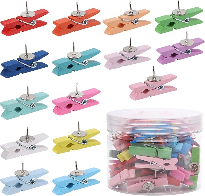 50Pcs Wooden Clips Push Pins Tacks for Cork Board Artwork for Crafts Arts Projects Photo Supplies(Colorful) by acDesign