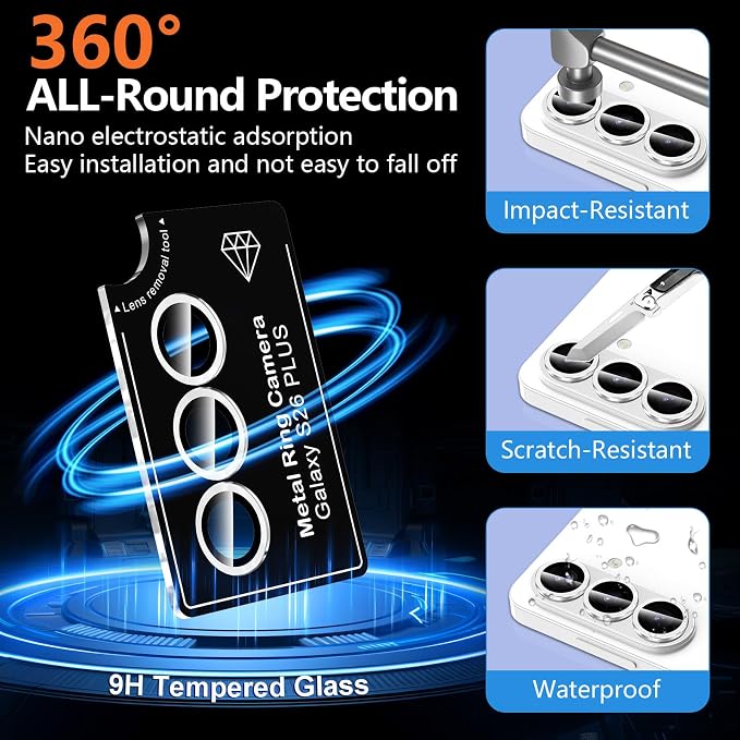 for Samsung Galaxy S26 Plus Camera Lens Protector, Individual Metal Ring Tempered Glass Lens Cover, [Strong Adsorption] Scratch Resistant Ultra-Thin HD Clear Lens Cover, 1 Set-Silvery - Image 2