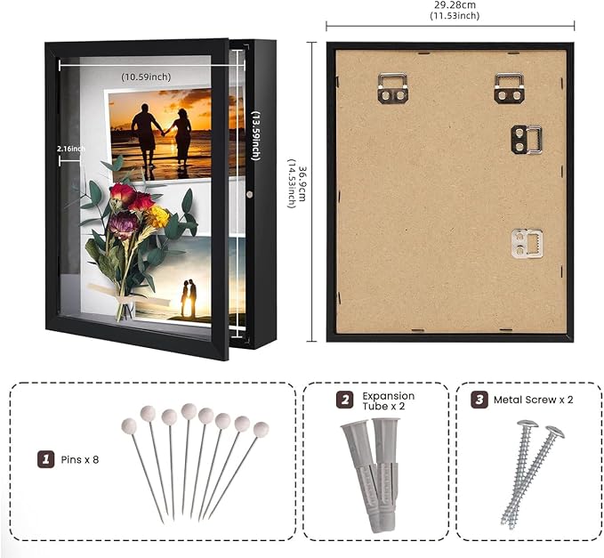 Muzilife 11x14 Shadow Box Wood Picture Frame, 2.16 Deep, Real Glass, Black | FSC-Wood, Magnetic Door, Linen Interior & Pins, Vertical, Horizontal Wall Hanging, Display Case Frame for Photos & Keepsakes - Image 2