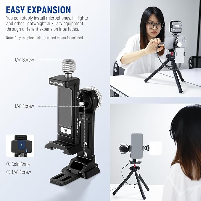 NEEWER Smartphone Tripod Mount Aluminum Alloy, 360° Rotatable Phone Stand | Cellphone Holder Clamp, Cold Shoe, Arca Base, Compatible with iPhone Samsung Galaxy Google Pixel & 2.6"-4" Wide Smartphones - Image 6