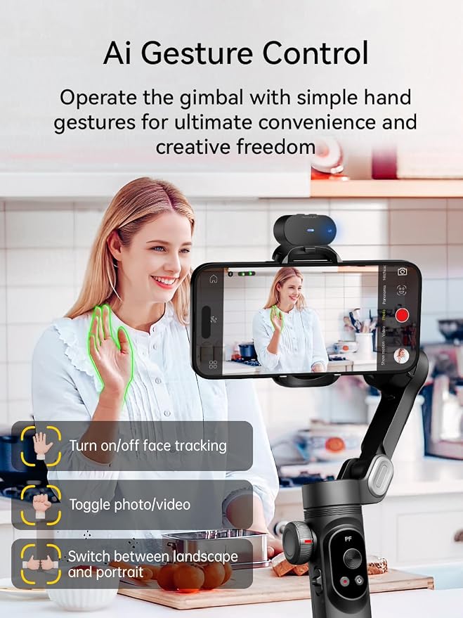 AOCHUAN Gimbal Stabilizer for iPhone with AI Vision Sensor for Face Tracking, 3-Axis Phone Gimbal w/OLED Display for Vlog Recording, Compatible with iPhone/Android-Smart XPro AI Black - Image 4