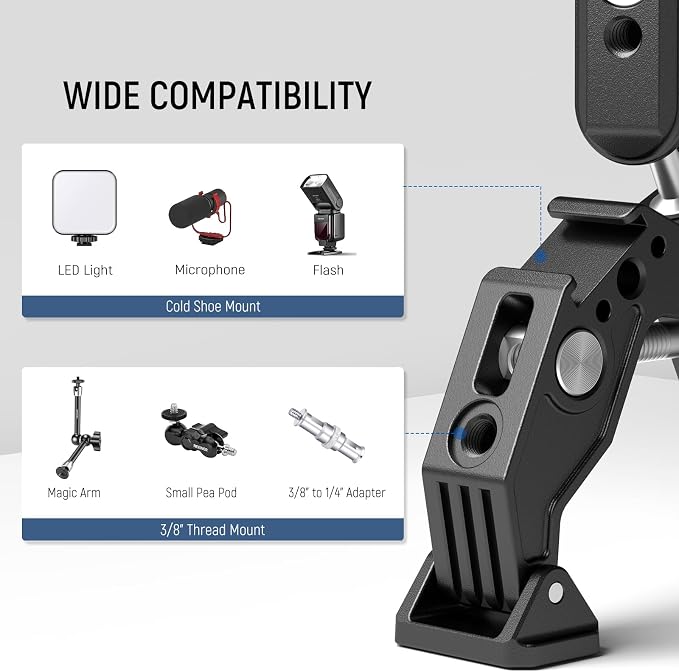 NEEWER Double Super Clamp Camera Mount with Magic Arm, Cold Shoes | For Desk, Studio Light Stand Holder, Photography Reflector, Flag, Cross Bars, Motorcycle, Umbrella, Pole Stick Accessories - Image 5