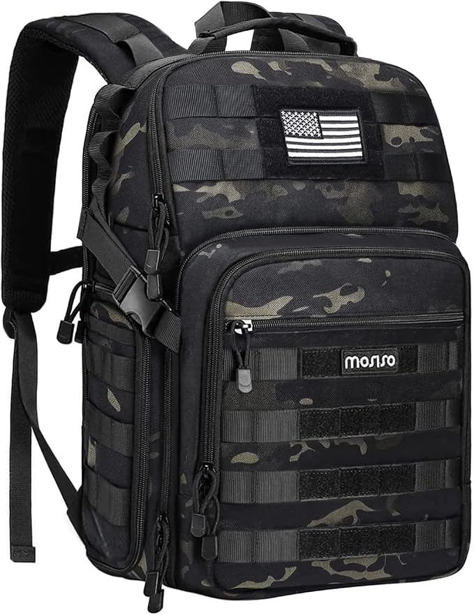MOSISO Camera Backpack, DSLR/SLR/Mirrorless Photography Tactical Camera Bag | Camera Case with Tripod Holder & 15-16 inch Laptop Compartment & USA Flag Compatible with Canon/Nikon/Sony, Night Camouflage by MOSISO