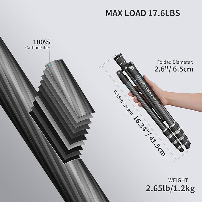 Carbon Fiber Camera Tripod, 62" Professional Video Tripod for Camera with 360° Ball Head, 1/4" Arca QR Plate, Compact Lightweight Travel Monopod for DSLR/Smartphone, Max Load 17.6 lbs/8kg - Image 3