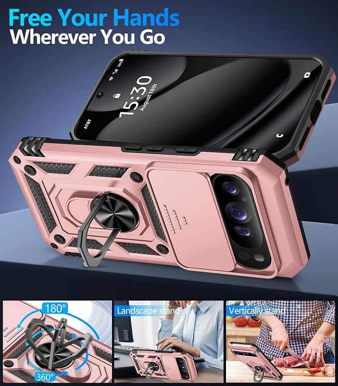 Taisairu for Google Pixel 10 Case/Pixel 10 Pro Case with Screen Protector & Slide Camera Lens Cover,Built-in Ring Stand Protective Phone Case for Pixel 10 Case/Google Pixel 10 Pro Case (Rose Gold) - Image 3