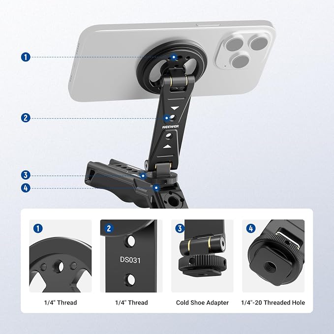 NEEWER Magnetic Phone Tripod Mount Compatible with MagSafe iPhone Samsung, Metal Adjustable Rotatable Cellphone Holder Adapter w/Cold Shoe for Tripod Mounting Camera Monitoring Video Recording, DS031 - Image 4