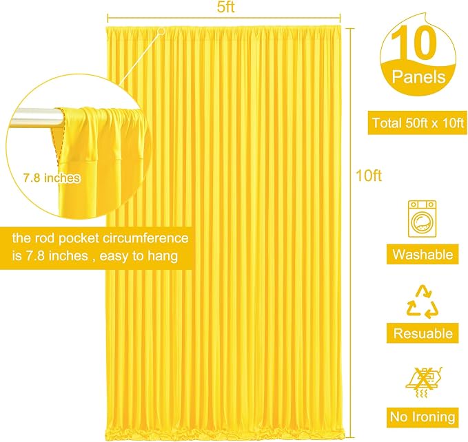 10 Panels Yellow Backdrop Curtain for Parties Wrinkle Free Lemon Yellow Photo Curtains Backdrop Drapes Fabric Decoration for Birthday Party Wedding Baby Shower 50ft(W) x 10ft(H) - Image 5