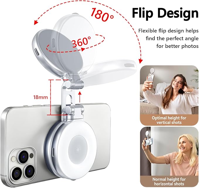 Magnetic Selfie Light, Folding Phone Ring Light | Compatible with iPhone Magsafe, CRI97 360° LED Selfie Ring Fill Light with Mirror for Video Recording/Selfies/Make up/TikTok - Image 3