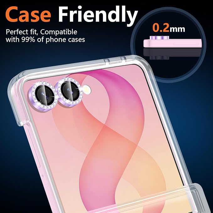 for Samsung Galaxy Z Flip 8 Camera Lens Protector, Individual Metal Ring Tempered Glass Lens Cover, [Strong Adsorption] Scratch Resistant Ultra-Thin HD Clear Lens Cover, 1 Set-Purple Diamond - Image 6