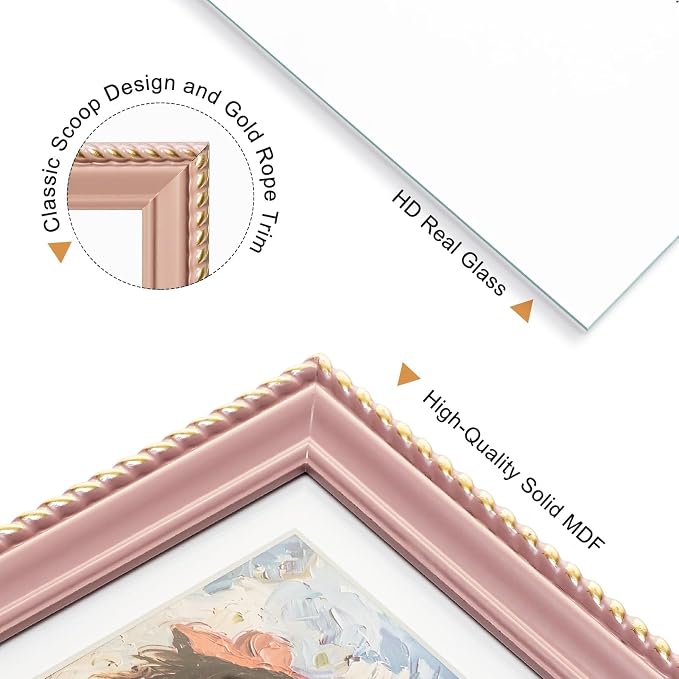 5x7 Picture Frame in Pink with Classic Rope Edge, Solid Wood with Real Glass, Display 5x7 Photos Matted to 4x6, Vertical and Horizontal Desk Tabletop or Wall Hanging - Image 4
