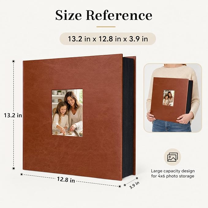 Aevdor Large Capacity 4x6 Photo Album, 1000 Photos, Leather Cover, Brown | 3 Horizontal + 2 Vertical per Side, Acid-Free Black Inner Pages, Front Display Window, Family, Wedding & Everyday Photos - Image 3