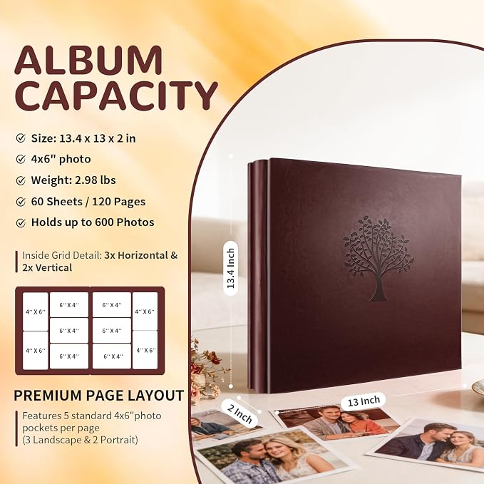 Leather Photo Album 4x6 Pockets, Picture Album for Family Christmas Gift | Large Capacity PU Leather Cover 600 Pockets Black Inner Page Slip In Holds Horizontal & Vertical Photos - Image 2