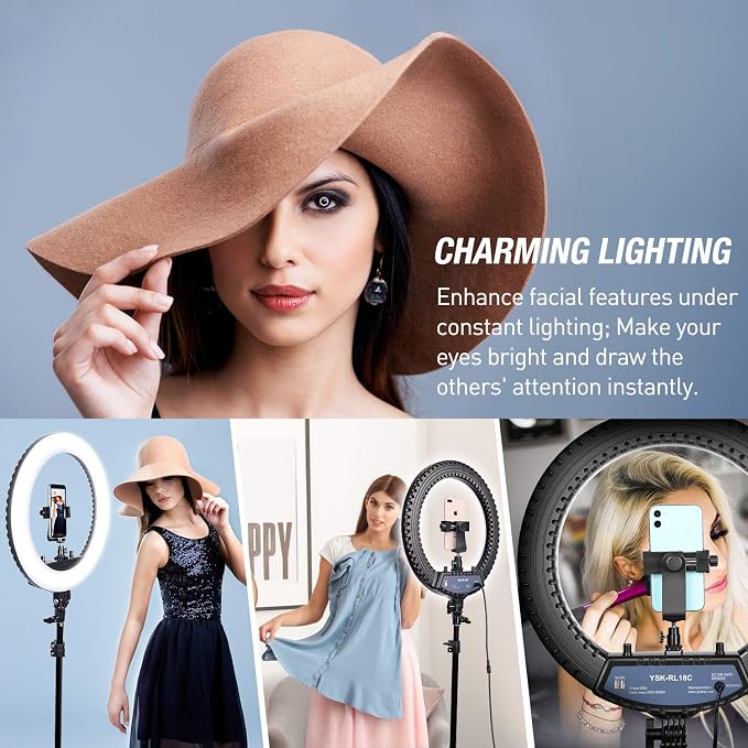Yesker Ring Light 18 Inch with Stand Tripod Big Selfie Ringlight Adjustable 6000K Dimmable LED Portable Professional Ring Lights Kit Phone Holder for Camera Live Streaming Makeup YouTube Video TikTok - Image 5