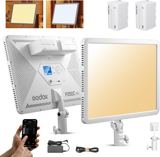 Godox P260C Pro Ultra-Thin Video Light Panel with 8800mAh Battery, APP Control 45W 4160Lux 2800-6500K CRI 98+ Dimmable Bi-Color 18" Soft Light Panel for Photography YouTube Recording Game Live Stream by GODOX